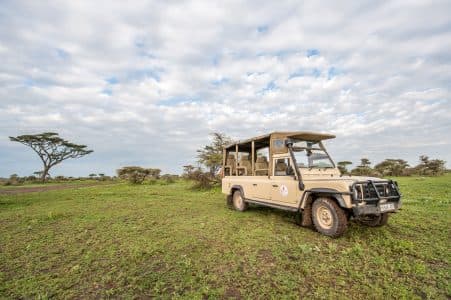 Open game-drive vehicle on the Ndutu plains