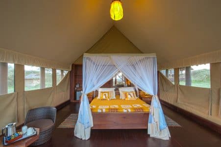 Interior of a safari tent with draped bed and lake-facing windows